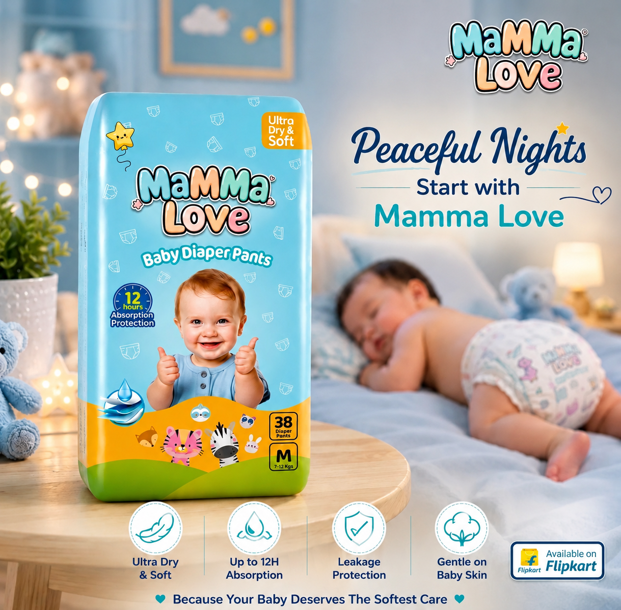 Mamma Love Baby Diaper Pants, 12 Hours Absorption & Ultra Dry & Soft  (S,M,L)