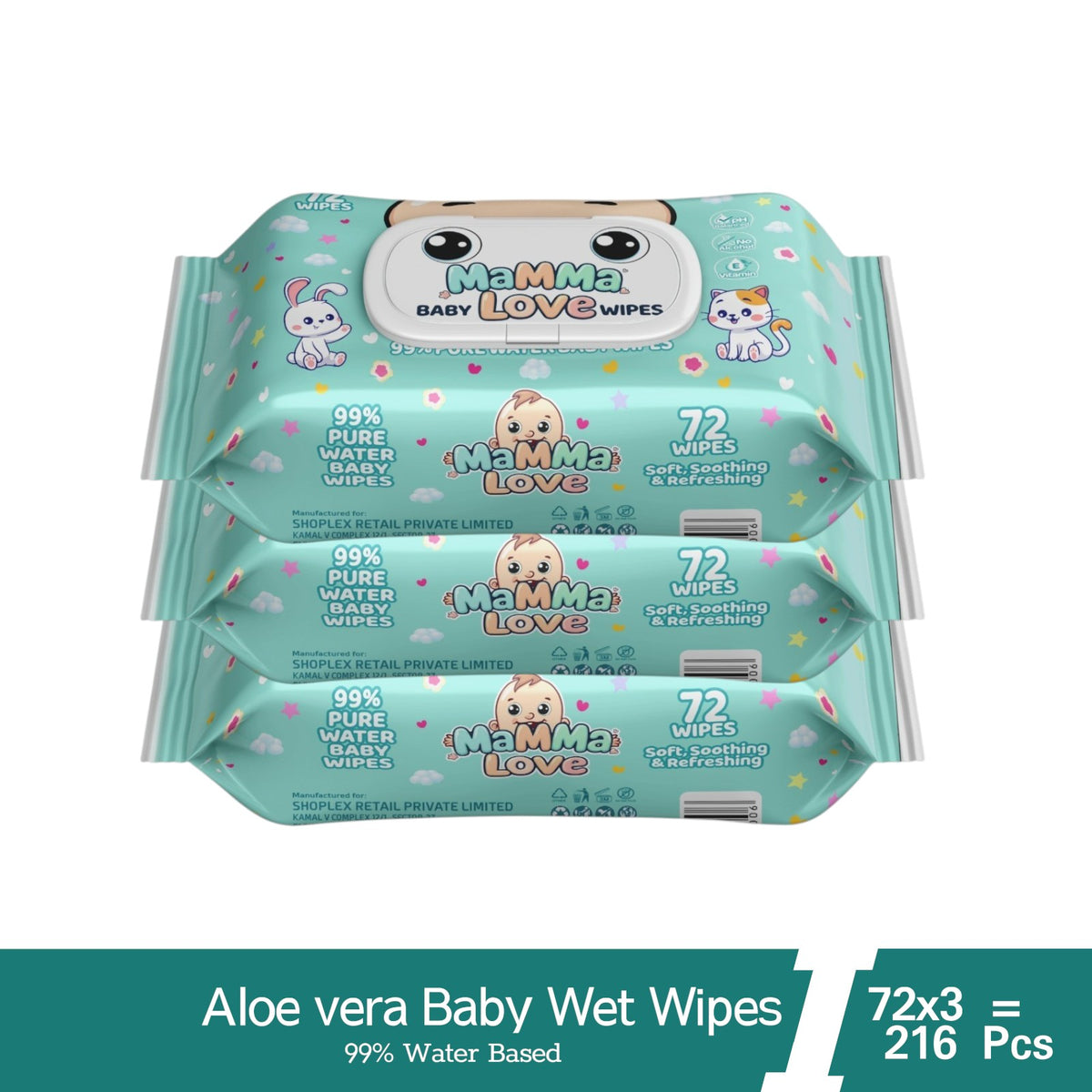 Mamma Love 99% Pure Water Baby Wet Wipe With Lid pack 3